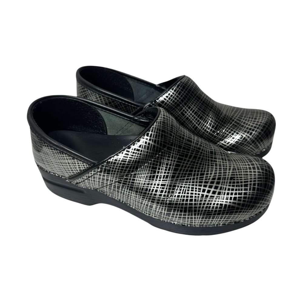 Dansko Professional Clogs Patent Leather Silver Black Metallic Grid Size 39